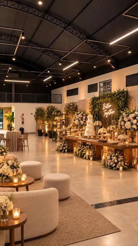 Decoração de casamento na AK Eventos com mesa de doces, arranjos florais e ambiente sofisticado