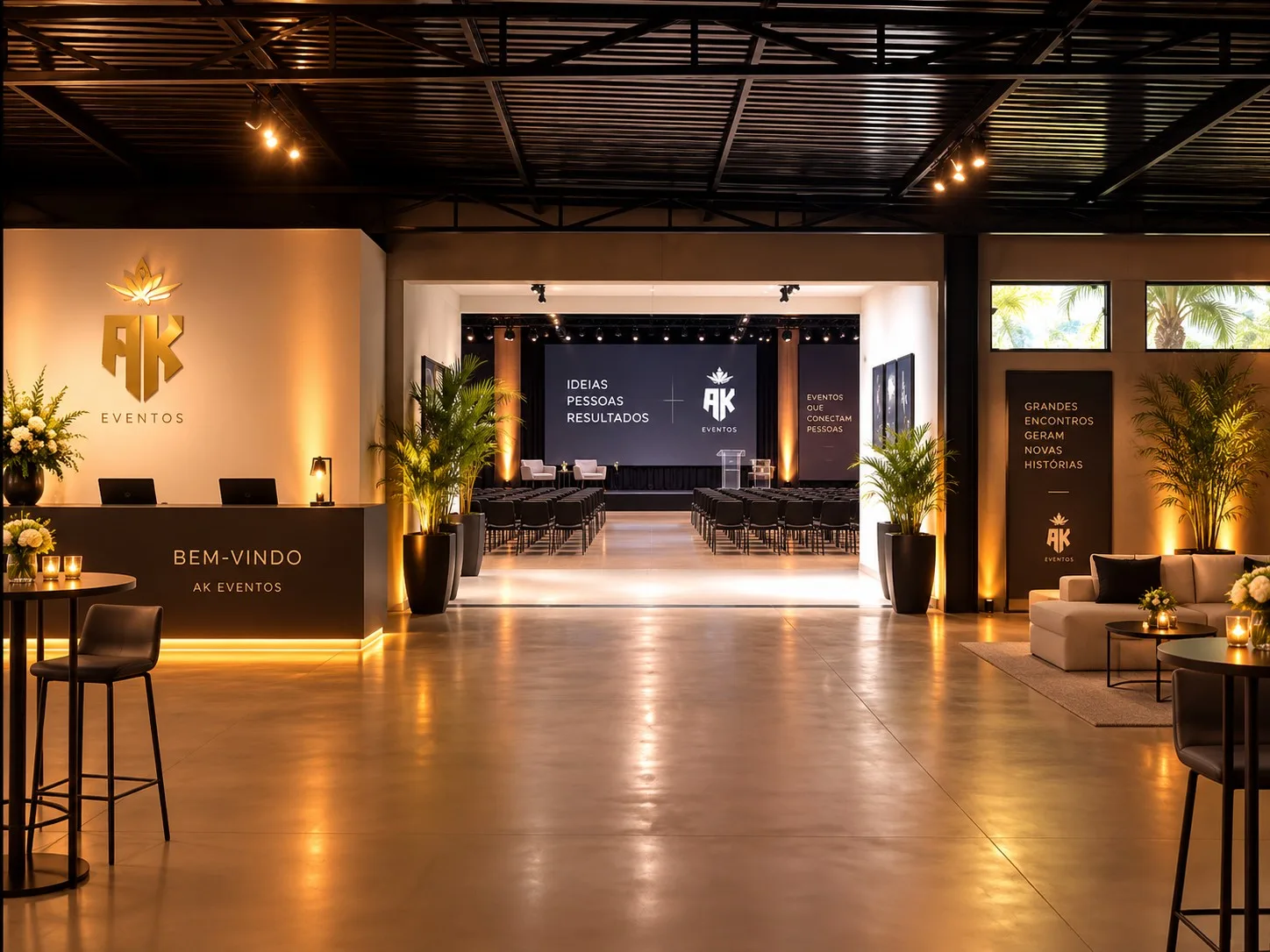 Salão da AK Eventos com recepção, palco e estrutura para eventos corporativos
