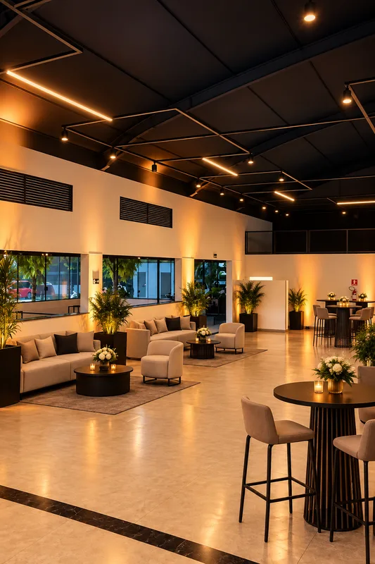 Camarote e área de convivência da AK Eventos com sofás, iluminação quente e decoração moderna
