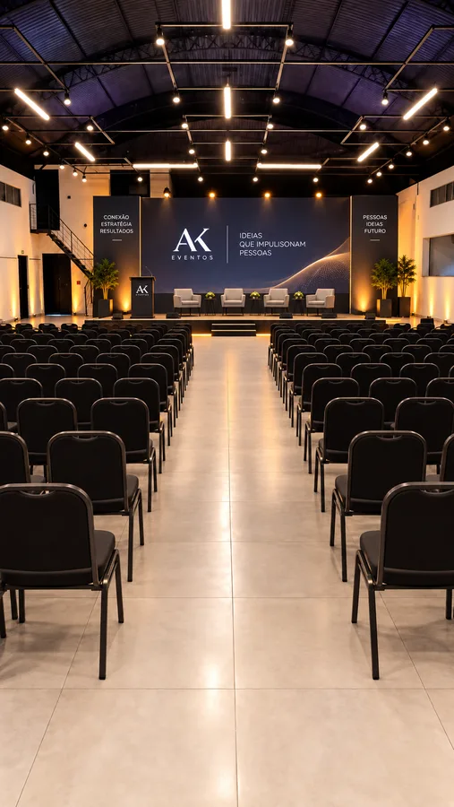 Salão da AK Eventos montado para evento corporativo, com palco, telão, poltronas e plateia de cadeiras