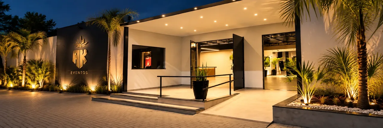 Fachada e entrada da AK Eventos à noite, com iluminação elegante, palmeiras e sinalização dourada