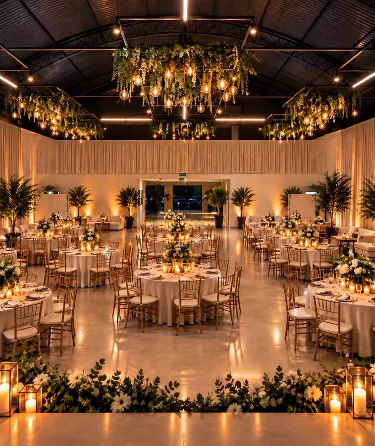 Salão da AK Eventos montado para formatura, com mesas redondas decoradas com flores e velas, cadeiras douradas e iluminação quente