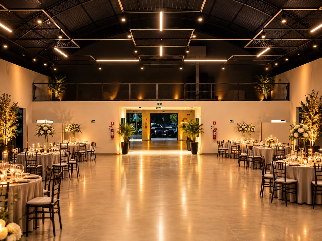 Vista interna do salão da AK Eventos com mesas decoradas, cadeiras e palco ao fundo