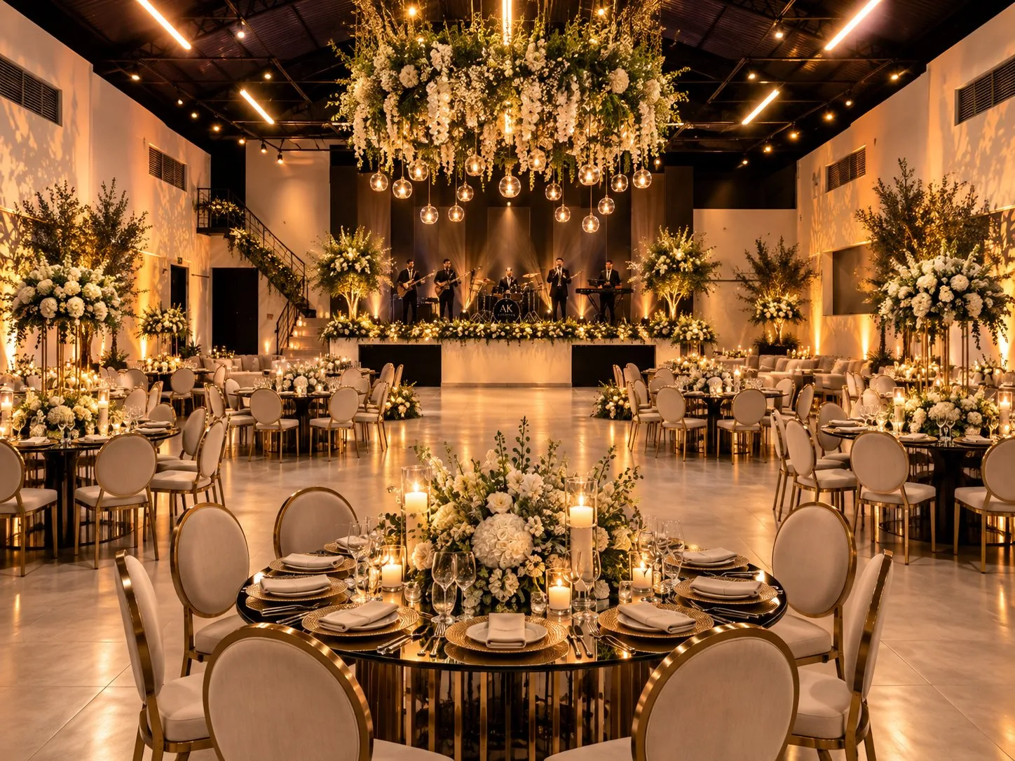 Salão da AK Eventos montado para evento, com mesas, cadeiras, iluminação elegante, arranjos florais e palco ao fundo